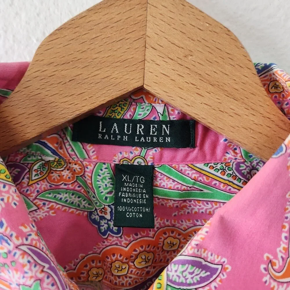 Lauren Ralph Lauren Cotton Pink Paisley Button-Down Blouse Barbie Core XL - Picture 3 of 9